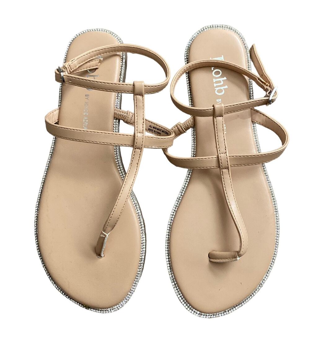 ROHB Joyce Azria Nude Strappy Sandals Womens 7 Rhinestone Thongs Flats Dressy